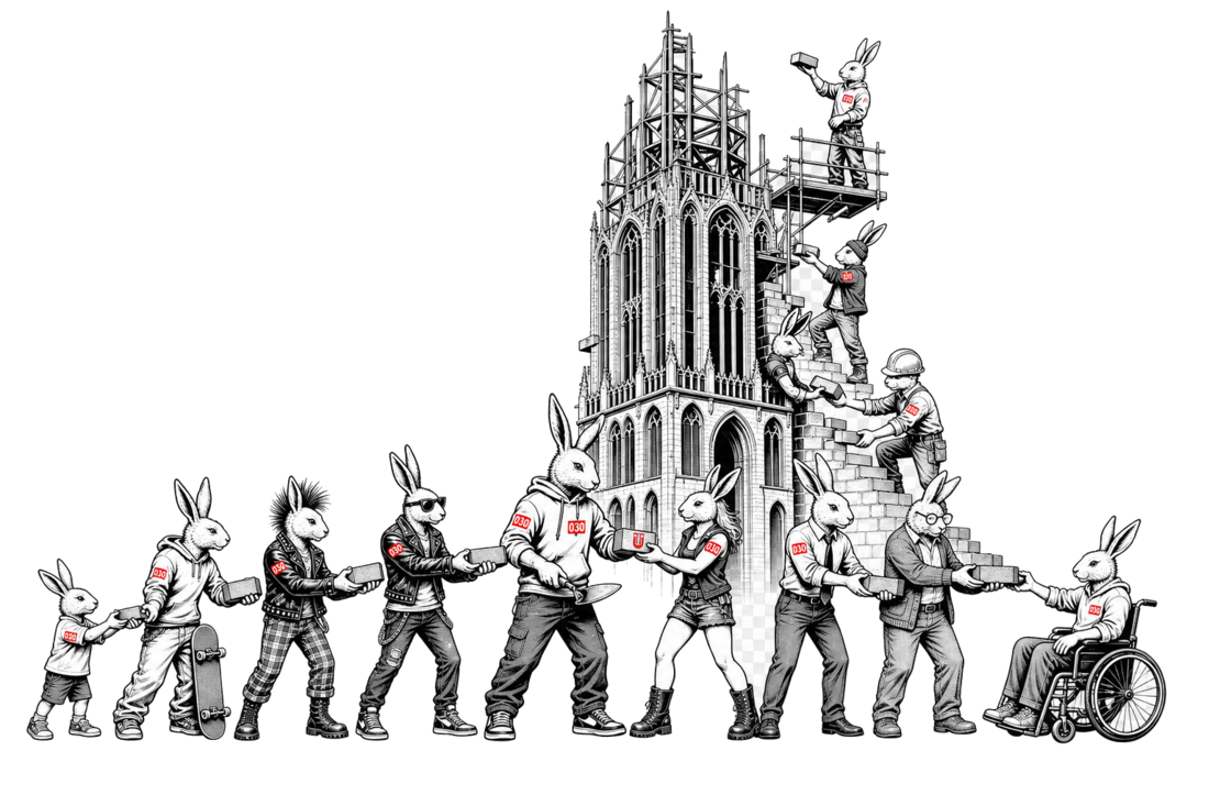 Hazen bouwen samen, steen voor steen, aan de Domtoren